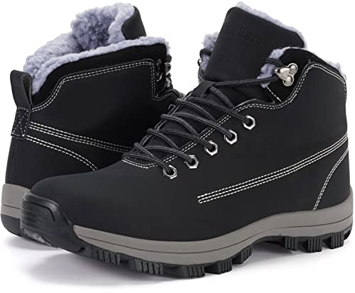 WHITIN Men's Winter Shoes Snow Boots Outdoor Trekking for Cold Weather Warm Work Size 9.5 Insulated Fur Leather Hiking Mid Top Waterproof Black 43