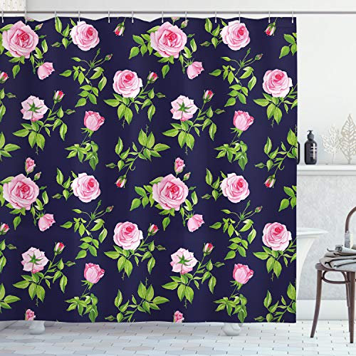 ABAKUHAUS Navy and Blush Shower Curtain, Vintage Roses and Buds Romantic Feminine Floral Pattern Old Fashioned, Cloth Fabric Bathroom Decor Set with Hooks, 78 Inches, Indigo Green Pink