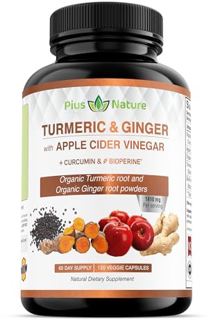 120 Capsules of USDA Organic Turmeric Root Powder, USDA Organic Ginger Powder and Apple Cider Vinegar Powder with Curcumin (95% Curcuminoids) and Bioperine, 1410 mg per Serving in Veggie Capsules
