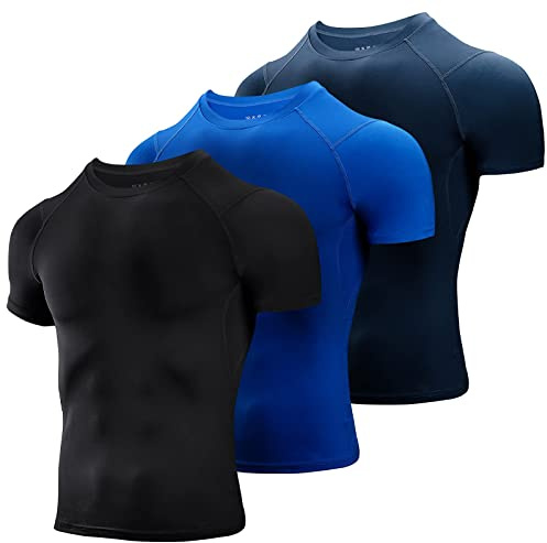 Niksa 3-pack kompressionstoppar för män kortärmad löpartopp för män snabbtorkande baslager topp för gym sport fitness träning cykling, träning, Svart-blå-marinblå, XL