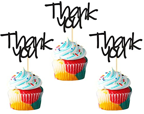 Arthsdite 24pcs Black Glitter Thank You Cupcake Toppers Thank You Cupcake Picks for Birthday Anniversary Thanksgiving Day Wedding Bridal Shower Party Decoration Supplies