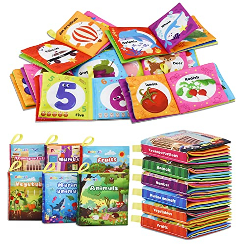 Dr.Rapeti 6 Stück Stoffbuch für Babys, Baby Soft Tuchbuch, Baby Pädagogisches Spielzeug, Early Learning Lernspielzeug, Waschbar Anti Tear Crinkle Badebuch, Früherziehung Spielzeug (Englisch)