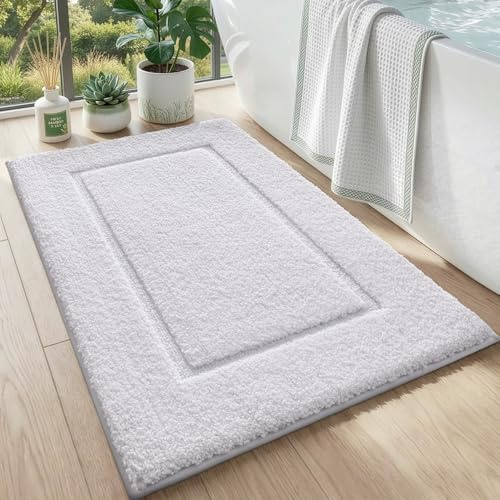 DEXI Bathroom Rugs 24x16, Washable Non Slip Bath Mat for Shower Floor, Absorbent Quick Dry Bathmat with Rubber Backing, Ultra Soft Plush Carpet for Tub, White