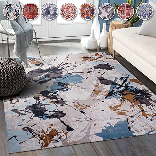 NETLINE HOME Washable Area Rugs for Living Room Traditional Low Pile Rug Non Slip Kitchen Rug - Decorative Floor Mats Boho Design Vintage Rugs Foldable Hallway Carpets for Bedroom - Blue and White