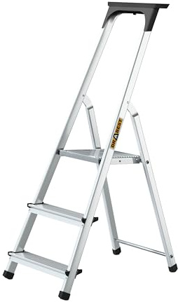 DRABEST 3 Step Ladder Folding - Aluminum Folding Ladder - Lader with a Tool Shelf & Work Platform - Stepladders 3 Tread - Capacity 125 KG - Multi-Purpose Ladders - 40x121x11cm