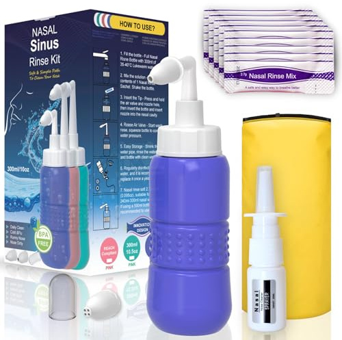 TONELIFE Sinus Rinse Kit with 40 Salt Packs,Empty Sprayer-Bag - Neti Pots - Nasal Irrigation Nose Cleaner- BPA Free - Squeeze Nasal Rinse Bottle for Sinus and Allergy Relief - Nose Wash,Blue