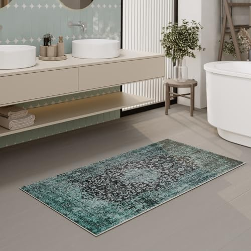Wecon Home Ralph Badteppich, 55 x 65 cm, grün | Vintage Badezimmerteppich, Hochwertig und waschbar, Trendiges Wohnaccessoire für Modernes Bad-Design