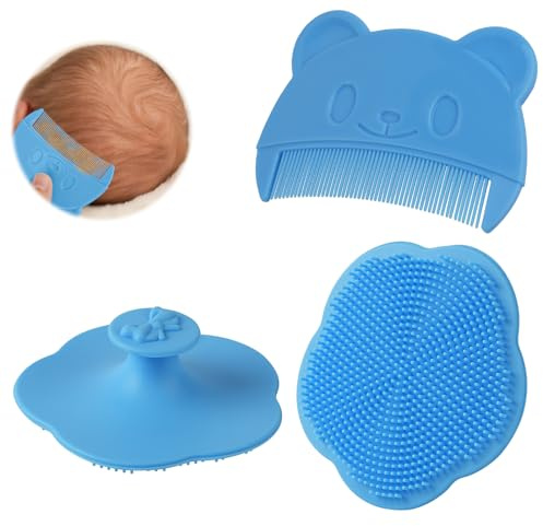Aolso 2 Piezas Cepillo de Baño para Bebe, Cepillo Costra Láctea Bebe, Cepillo de Masaje para Cuero Cabelludo de Silicona, Peine Bebe Adecuado para Recién Nacidos,Bebés (Azul)