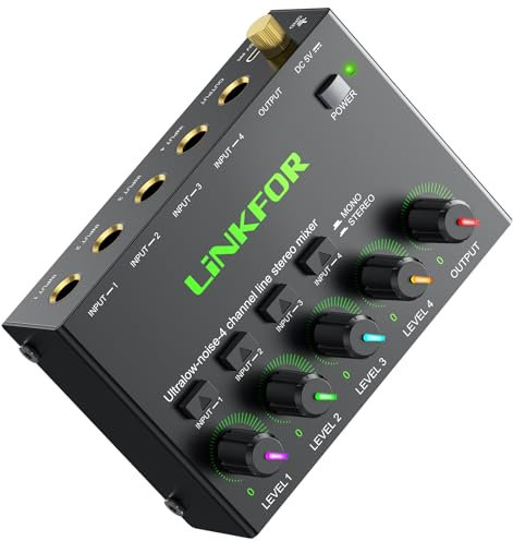 LiNKFOR Audio Mixer 4 Canali con Luce a 4 Colori RGB Mixer Audio Stereo a 4 Canali con Interruttore Stereo/Mono Bassissimo Rumore Mixer 4 Canali Stereo Controllo Volume Indipendente per Club Bar