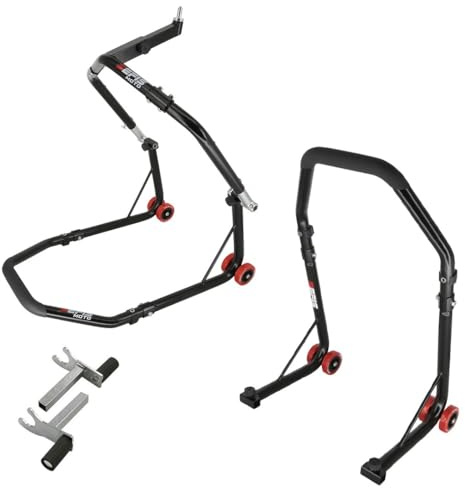 SEFIS D18 Motorradständer Set vorderer Lenkkopf und Hinterrad Motorradheber Serviceständer Front und Heck Motorrad montageständer hinten Motorrad ständer Set (Schwarz, 2in1)