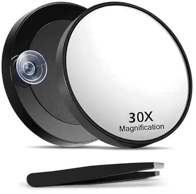 FEZTGVOFA 30X Magnifying Round Mirror, Portable Makeup Mirror with Suction Cup and Tweezers, Small Magnifier for Shaving, Eyebrow Tweezing, and Blackhead Blemish Removal, Ideal for Precision Grooming