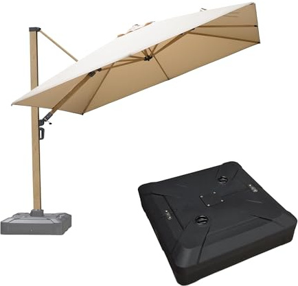 PURPLE LEAF Ombrellone decentrato con effetto legno 3 x 3 m quadrato con base, grande ombrellone da giardino per esterni telaio in alluminio con rotazione a 360° per balcone, terrazza, piscina, beige
