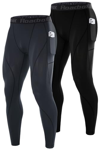 Roadbox 2 Pack Men's Compression Pants, Quick Dry Running Tights Leggings with Pockets, Athletic Base Layer for Workout Gym