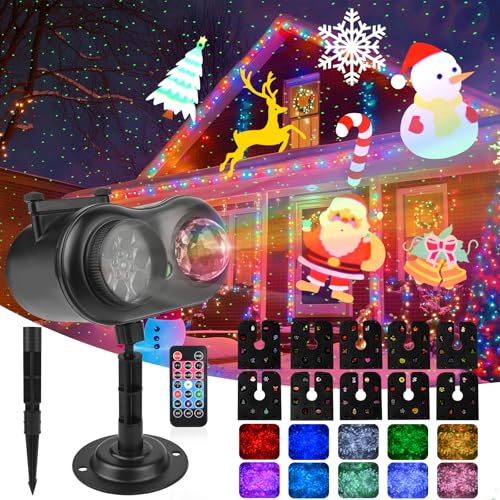 Projektor Weihnachten Aussen, GuKKK 2-in-1 LED Projektionslampe mit 10 Schaltbare Muster 10 Welleneffekt, Wasserdichte Christmas Lights mit Fernbedienung für Weihnachtsbeleuchtung Außen Innen