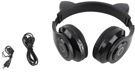 lvifloae Casque antibruit LED Scintillant avec Oreilles de Chat : Casque sans Fil Bluetooth 5.0 avec autonomie de 10 h, Prise en Charge de la Carte TF et AUX, Microphone intégré pour (Schwarz)