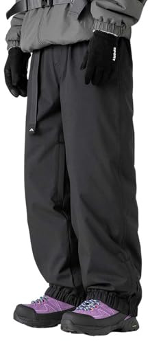 Foweknow - Pantaloni da sci da uomo, baggy, invernali, in softshell, per snowboard, caldi, con calda imbottitura, impermeabili, antivento, con fondo elastico, funzionali, da trekking, Nero , L