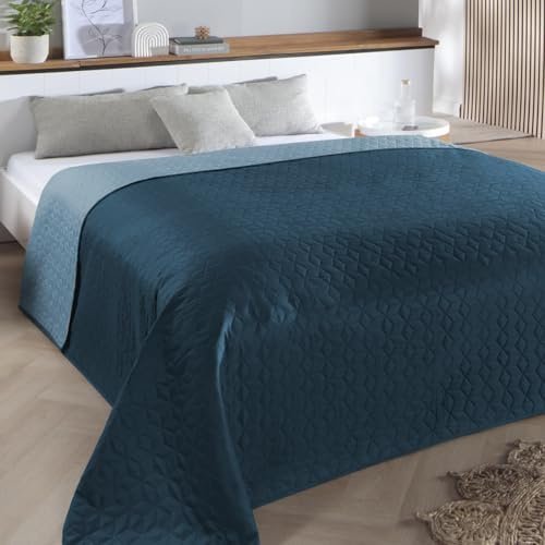 Delindo Lifestyle Couvre-lit Belford bleu, jeté de lit pour lit simple, uni, matelassé, 140 x 210 cm