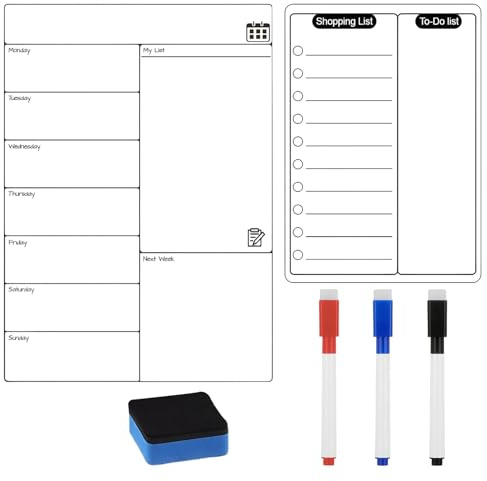 Wochenplaner Abwischbar（30×20×0.1cm）Wochenplan Magnetisch, Essensplaner Woche Abwischbaren, Einkaufsliste im Format A5 3 Stifte und 1 Whiteboard-Radiergummi