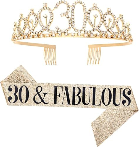 30 and Fabulous Sash & Rhinestone Tiara Set - 30th Birthday Gifts Birthday Sash for Women Birthday Party Supplies (Gold)