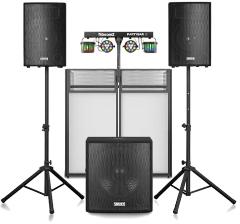 Vonyx VX1218BT DJ PA System Package with DB4 Pro DJ Booth & Plug-and-Play PartyBar2 Light, 1200W 2.1 Active Speakers, 18” Sub, Wireless Bluetooth PA, Professional Mobile DJ Setup