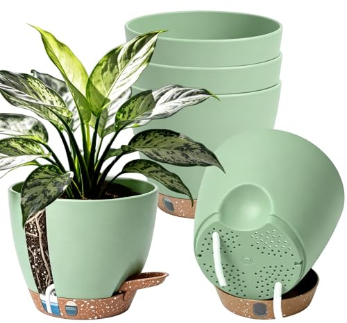 Anhow Macetas Autorriego Juego de 5, Ø 17,8 cm Macetero de Auto-riego Macetas Plastico con Agujeros de Drenaje Maceteros Decorativos Interior para la Cocina, Balcón, Plantas de Jardín, Verde
