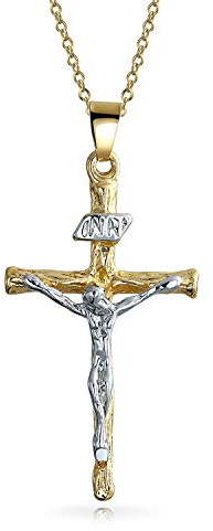 Bling Jewelry Collier Pendentif Croix Crucifix Jesus Religieux Chrétien Traditionnel Inri En Or 18 Carats Plaqué Deux Tons Pour Femmes Et Hommes
