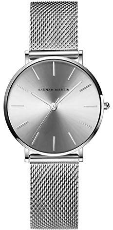HANNAH MARTIN Damen Uhren Analog Quarz Edelstahl Armband Wasserdicht Mesh Ultradünne (Silber)
