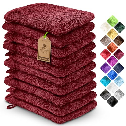 NatureMark Pack de 10 Guantes de Baño de Rizo 100% algodón – Suaves y Resistentes, Ideales para el Cuidado Diario y para Invitados – Rojo Burdeos, 15x21 cm