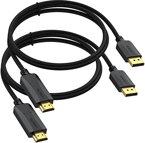DisplayPort to HDMI Cable 6 feet 2-Pack, 4K Display Port DP to HDMI Display Adapter Male to Male Cord UHD 4K, 2K,1080P, Gold-Plated Braided Support Video and Audio for Dell, HP, NVIDIA,Samsung, More