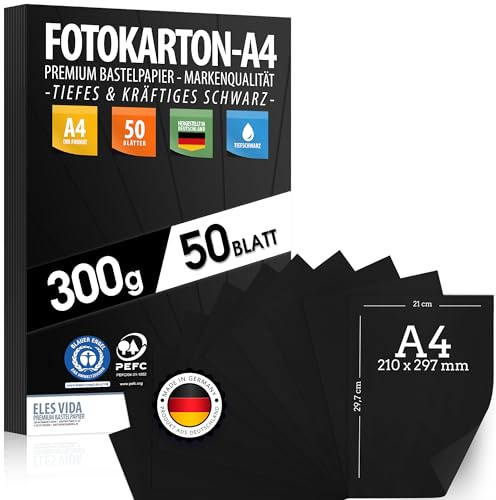 Fotokartongkartong 300 g m² - PREMIUMPAPPER färgad - DIN A4-21 x 29,7 cm - otryckt skrivarpapper för fotografering, presentationer, hantverk, scrapbooking, kartong - TILLVERKAD TYSKLAND (Svart | 50 Ark, A4)