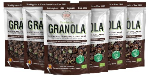 Granola Ecológica y Artesana con Chocolate (70%), Pistachos y Avellanas, Sirope de Ágave y Aceite de Oliva Virgen Extra, Semillas/Pack 6x300g (1,8 kg)