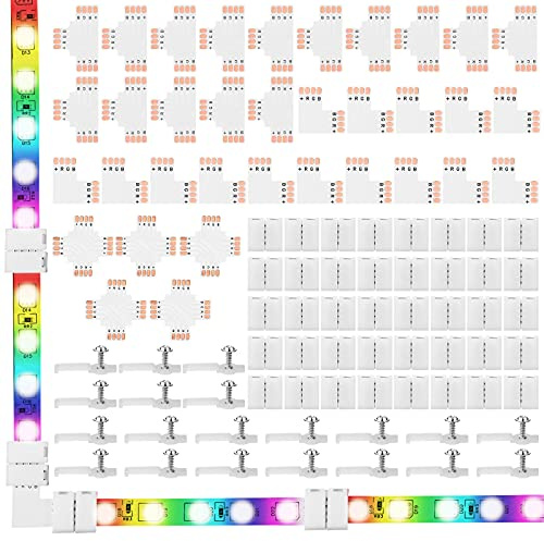 95 Stücke 4 Polig LED Licht Streifen Verbinder Set inklusiv Schrauben Befestigung Klammern, 4 Polig Anschluss, Schneidbar Leiterplatte in T-, L- und X-Form für Lückenlos Lötfrei Verbinder