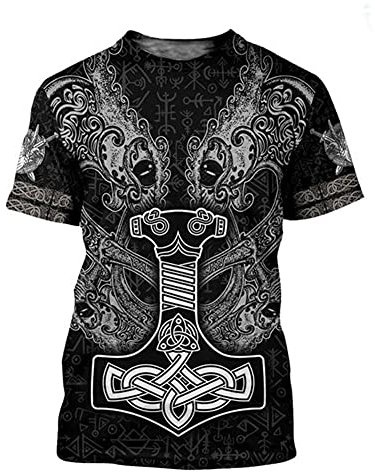 BBYOUTH Norse Mythology T-Shirt Für Männer Roman 3D-Tuff-Viking Tattoo 2021 Sommer Kurzarm (US-Größe),Thor Hammer,XL