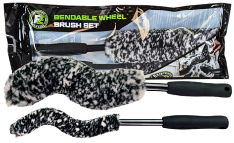 ExoForma Bendable Brush Set - Unique Adjustable 2-Piece Wheel Brush Set Cleans Behind Wheels - Tough Yet Gentle Wool Fiber + No-Scratch Rubber Tip Safe for All Wheel Types - Comfy Ergonomic Grip