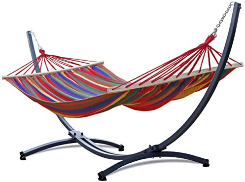 Potenza Outdoor Hängematte mit Gestell für 2 Personen I Stabhängematte XXL 220x160, 200kg I Verzinkter Hängemattengestell 220kg Wetterfest (Rot, Basic Gestell Graphit)