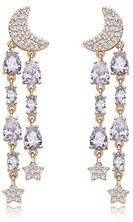 Metmolley Teardrop Kristall Dangle Ohrringe Strass Tropfen Quaste Mond und Stern Ohrringe für Frauen (White)