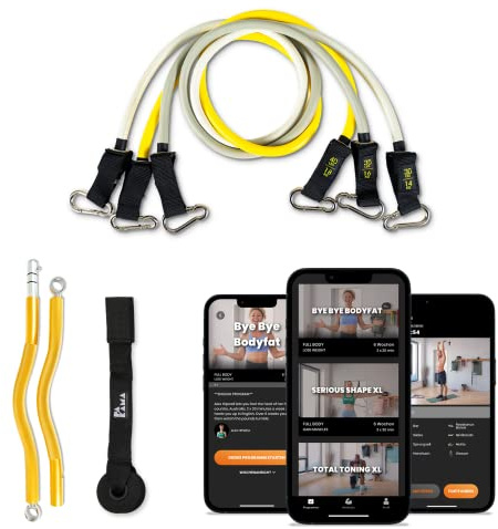 PAKAMA - Premium motståndsbandsset inkl. SZ-stång (bar) för hemträning och styrketräning hemma – Heavy Resistance band på 14 kg, 16 kg och 18 kg – fitnessband för upp till 140 kg motstånd