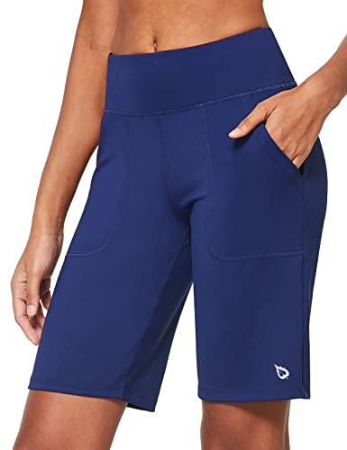 BALEAF Dam sportshorts med hög midja shorts sommar bermuda shorts med 2 fickor yoga, Blå, L