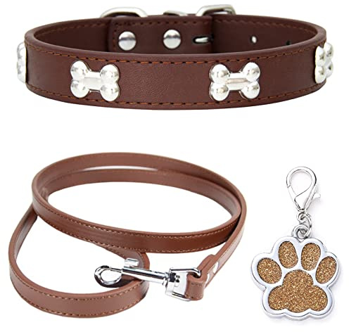 HALFSUMO Hundehalsband Leder Halsband Hundeleine Combo Set Hundehalsbänder Verstellbares Welpenhalsband für Kleine Mittelgroße Hunde Katzen Braun XS