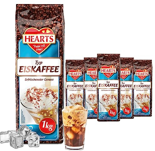 HEARTS Lot de 5 boîtes de café glacé en poudre 1 kg, préparation rapide, suffisant pour 325 verres, Ice Coffee, boisson d'été