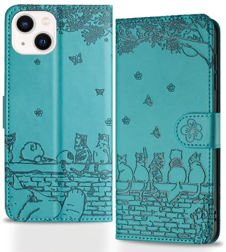 Butnyeoe Handyhülle für iPhone 14,Zaunkatzen Klappbar Hülle,Geprägtes PU Leder Wallet Schutzhülle Tasche Flip Case,Magnetische Klapphülle mit Kartenfach Standfunktion,Blau Grün