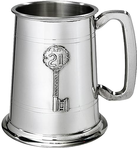 Pewter Tankard 21st Birthday Key Badge 1 Pint Plain Double Lines Square Handle Pure Heavy Gauge Beer Tankard Perfect for Engraved Personalised Gifts for Men and Women