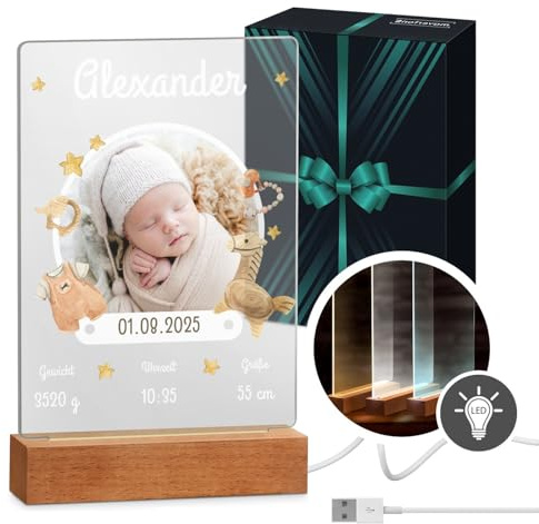 Maverton beleuchteter LED-Fotoaufsteller mit eigenem Foto - personalisiertes Acryl Glasbild mit LED-Beleuchtung auf dem Holzständer für Mädchen und Jungen - Größe: 15x24x4,5cm - Boho
