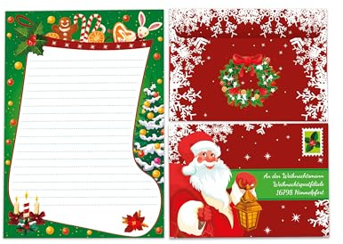 Briefpapier-Set A5 Weihnachtsstiefel Schreibblock liniert mit Umschlag Motiv Weihnachten Wichtelgeschenk für Kinder (1 Block A5 mit 25 Blättern + 15 bedruckte Kuverts An den Weihnachtsmann)