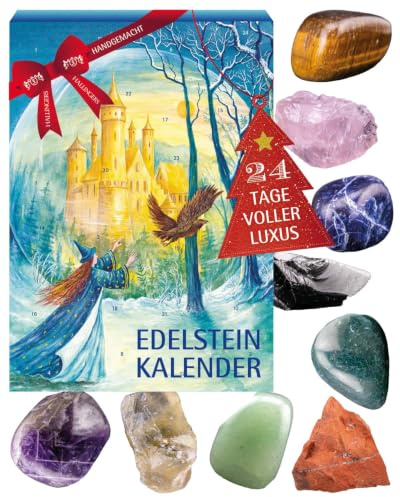 Hallingers Genuss Manufaktur Edelsteine Adventskalender - 24 echte Edelsteine geschliffen & naturrau im wertigen Softfeel-Karton Weihnachtsmagie, Weihnachtskalender für Frauen Männer