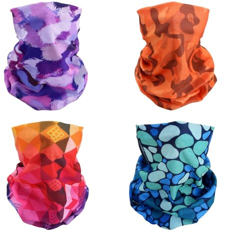 SMEHCF 4 Multipurpose Bandanas for Women Men Headband Balaclava Hair Head Scarf Face Half Airsoft Paintball Mask Neck Gaiters Breathable Reusable Washable Camo Raindrop Blue Rainbow Yellow Purple