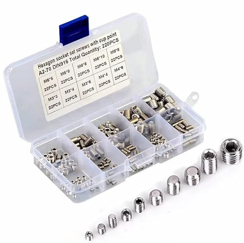 220 Stück/Set M3 M4 M5 M6 M8 Flachspitze Gewindestifte 304 Edelstahl Kopflose Schrauben-Sortiment Kit Innensechskant Madenschrauben-Set