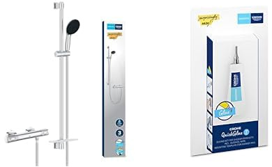Grohe Precision Feel - Thermostat Brauseset wassersparend ~8l/min + Kleber (3 Strahlarten, CoolTouch - kein Verbrühen am Thermostat, 90cm Brausestange, inkl. Montagewerkzeug), rund, chrom