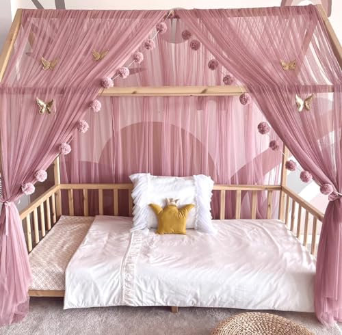 Baby Fancyroom Hausbett Himmel Betthimmel Altrosa für Kinderbett Kinderzimmer Baldachin Bettvorhang Betthimmel für Mädchen Prinzessin Zimmer (380cm, mit 5 goldenen Schmetterlingen)