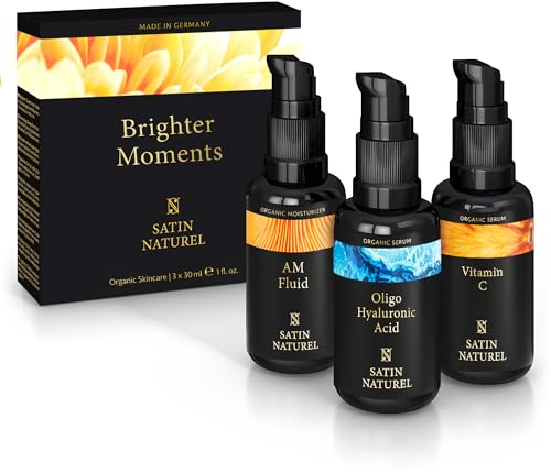 Satin Naturel luxuriöses Geschenkset für Frauen – 3x30ml Wellness Beauty Set mit Vitamin C Serum, Hyaluronserum & Beauty Fluid mit Ceramiden & Bio Aloe Vera – Weihnachtsgeschenkidee